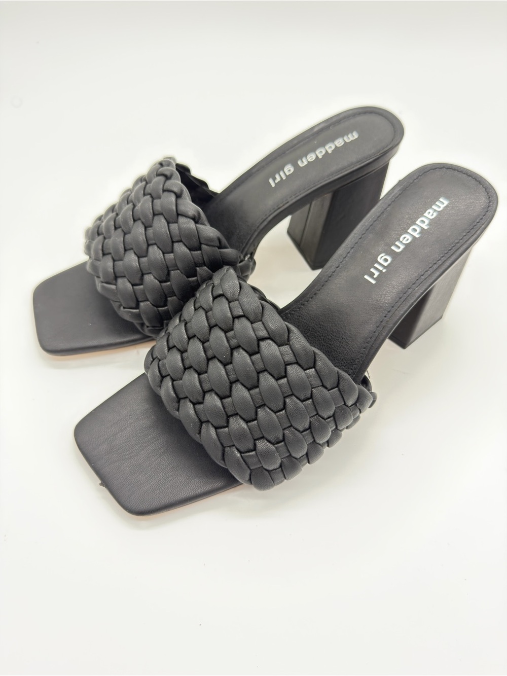Madden Girl Black Braided Square-Toe Block Heel Slides